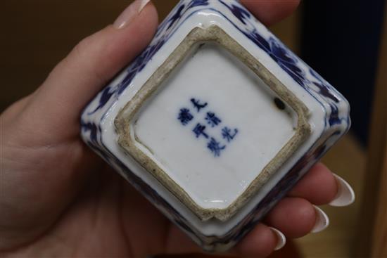 A pair of Chinese blue and white square dishes, Guangxu mark and period, hardwood stand